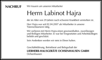 Anzeige von Labinot Hajra von Schwäbische Zeitung