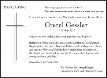 Anzeige von Gretel Gessler von Schwäbische Zeitung