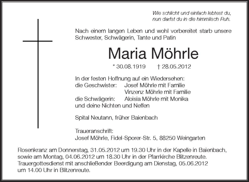  Traueranzeige für Maria Möhrle vom 30.05.2012 aus Schwäbische Zeitung
