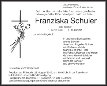Anzeige von Franziska Schuler von Schwäbische Zeitung