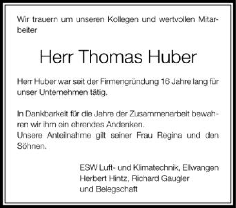  Traueranzeige für Thomas Huber vom 18.09.2012 aus Schwäbische Zeitung