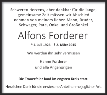Anzeige von Alfons Forderer von Schwäbische Zeitung