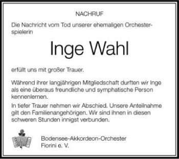 Anzeige von Inge Wahl von Schwäbische Zeitung