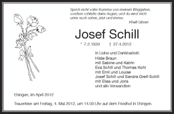 Anzeige von Josef Schill von Schwäbische Zeitung