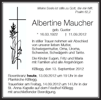 Anzeige von Albertine Maucher von Schwäbische Zeitung