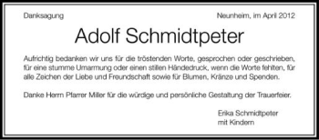 Anzeige von Adolf Schmidtpeter von Schwäbische Zeitung