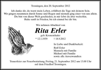 Anzeige von Rita Erler von Schwäbische Zeitung