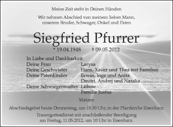 Anzeige von Siegfried Pfurrer von Schwäbische Zeitung