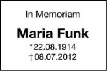 Anzeige von Maria Funk von Schwäbische Zeitung
