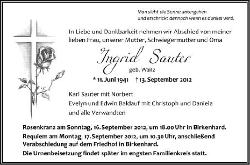  Traueranzeige für Ingrid Sauter vom 15.09.2012 aus Schwäbische Zeitung