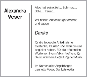 Anzeige von Alexandra Veser von Schwäbische Zeitung