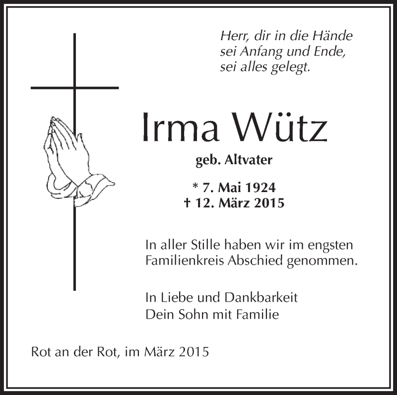  Traueranzeige für Irma Wütz vom 21.03.2015 aus Schwäbische Zeitung