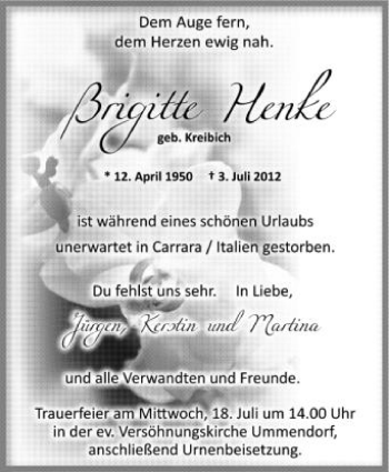Anzeige von Brigitte Henke von Schwäbische Zeitung
