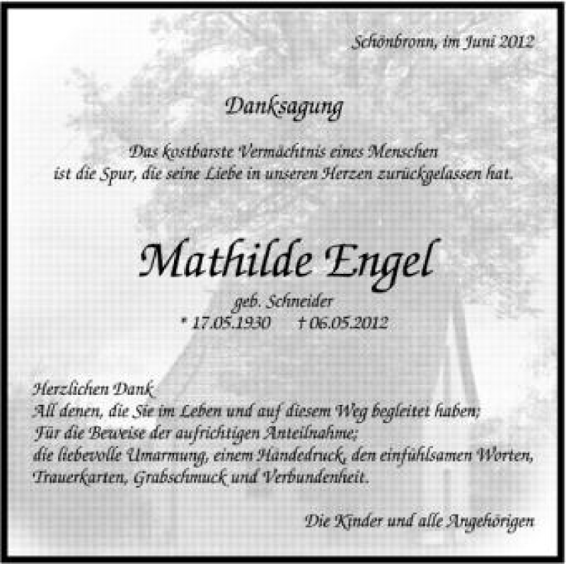  Traueranzeige für Mathilde eNGEL vom 22.06.2012 aus Schwäbische Zeitung