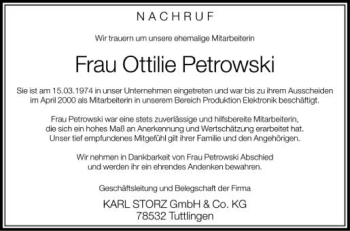 Anzeige von Ottilie Petrowski von Schwäbische Zeitung