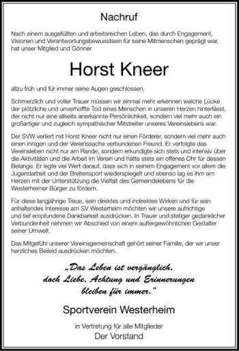Anzeige von Horst Kneer von Schwäbische Zeitung