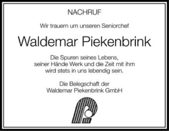 Anzeige von Waldemar Piekenbrink von Schwäbische Zeitung