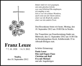 Anzeige von Franz Leuze von Schwäbische Zeitung