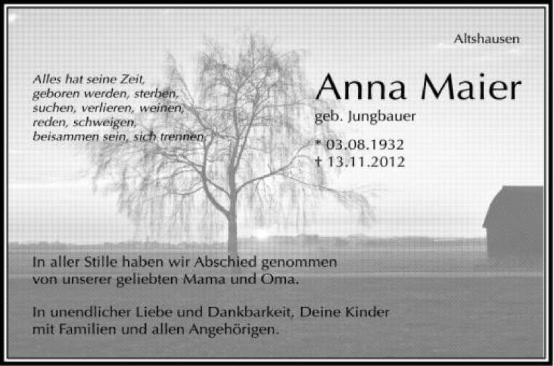  Traueranzeige für Anna  Maier vom 17.11.2012 aus Schwäbische Zeitung