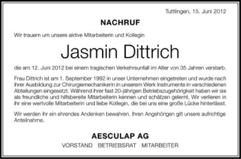 Anzeige von Jasmin Dittrich von Schwäbische Zeitung