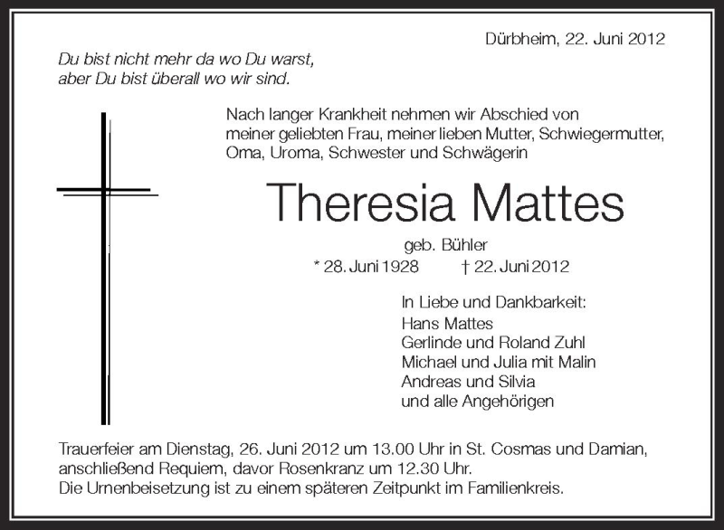  Traueranzeige für Theresia Mattes vom 25.06.2012 aus Schwäbische Zeitung