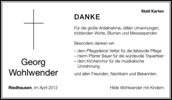 Anzeige von Georg Wohlwender von Schwäbische Zeitung