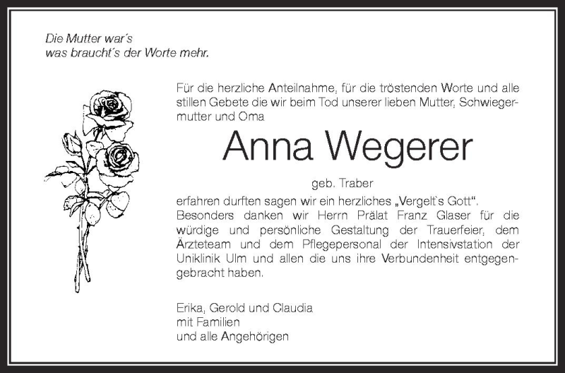  Traueranzeige für Anna Weger vom 10.10.2012 aus Schwäbische Zeitung