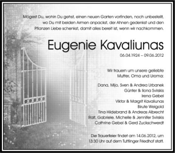 Anzeige von Eugenie Kavaliunas von Schwäbische Zeitung