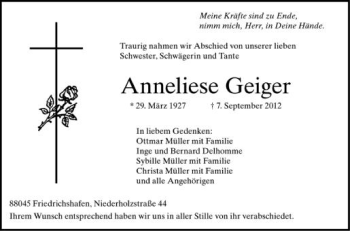 Anzeige von Anneliese Geiger von Schwäbische Zeitung