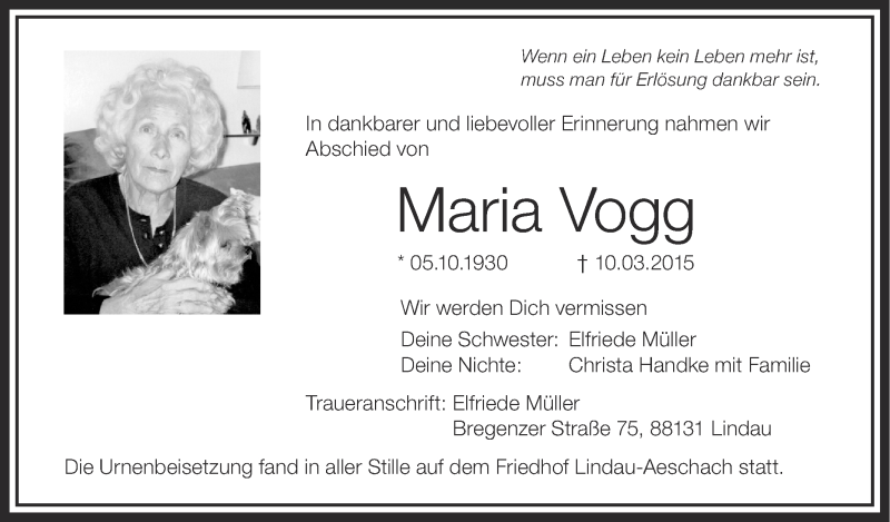  Traueranzeige für Maria Vogg vom 18.03.2015 aus Schwäbische Zeitung