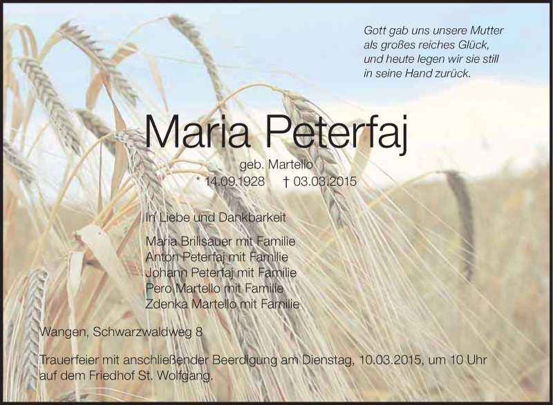  Traueranzeige für Maria Peterfaj vom 07.03.2015 aus Schwäbische Zeitung