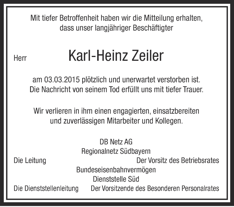  Traueranzeige für Karl-Heinz Zeiler vom 07.03.2015 aus Schwäbische Zeitung