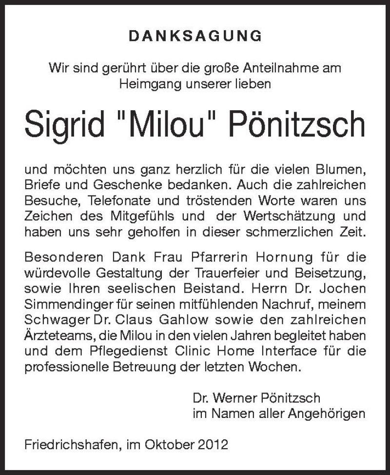  Traueranzeige für Sigrid Pönitzsch vom 20.10.2012 aus Schwäbische Zeitung