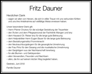 Anzeige von Fritz Dauner von Schwäbische Zeitung