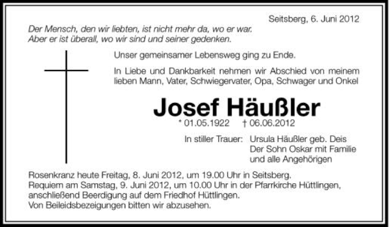  Traueranzeige für Josef Häußler vom 08.06.2012 aus Schwäbische Zeitung