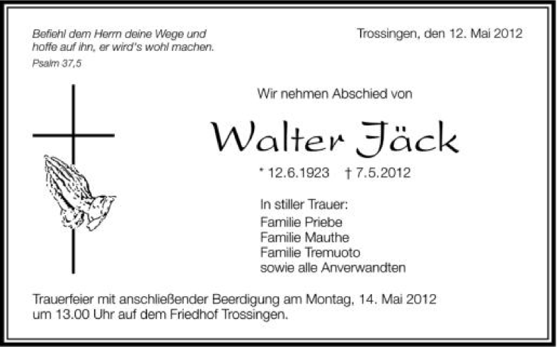  Traueranzeige für Walter Jäck vom 12.05.2012 aus Schwäbische Zeitung