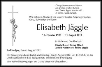 Anzeige von Elisabeth Jäggle von Schwäbische Zeitung