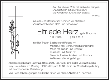 Anzeige von Elfriede Herz von Schwäbische Zeitung