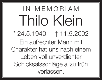 Anzeige von Thilo Klein von Schwäbische Zeitung