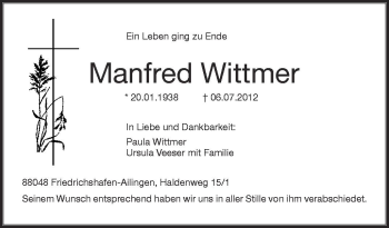 Anzeige von Manfred Wittmer von Schwäbische Zeitung