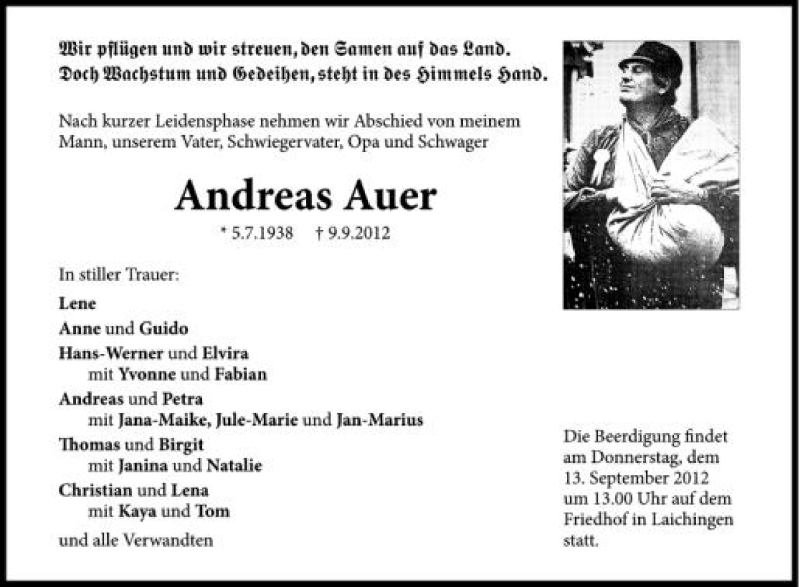  Traueranzeige für Andreas Auer vom 11.09.2012 aus Schwäbische Zeitung