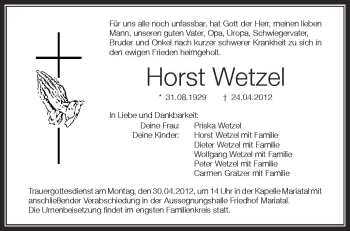 Anzeige von Horst Wetzel von Schwäbische Zeitung