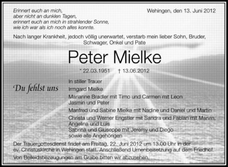  Traueranzeige für Peter Mielke vom 19.06.2012 aus Schwäbische Zeitung