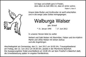 Anzeige von Walburga Walser von Schwäbische Zeitung