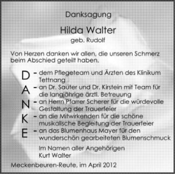 Anzeige von Hilda Walter von Schwäbische Zeitung