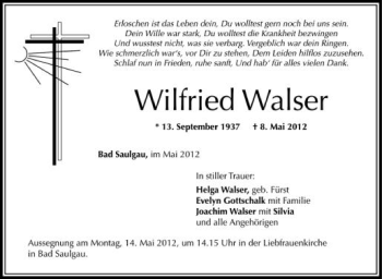 Anzeige von Wilfried Walser von Schwäbische Zeitung