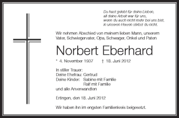 Anzeige von Norbert Eberhard von Schwäbische Zeitung