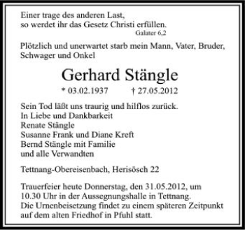 Anzeige von Gerhard Stängle von Schwäbische Zeitung