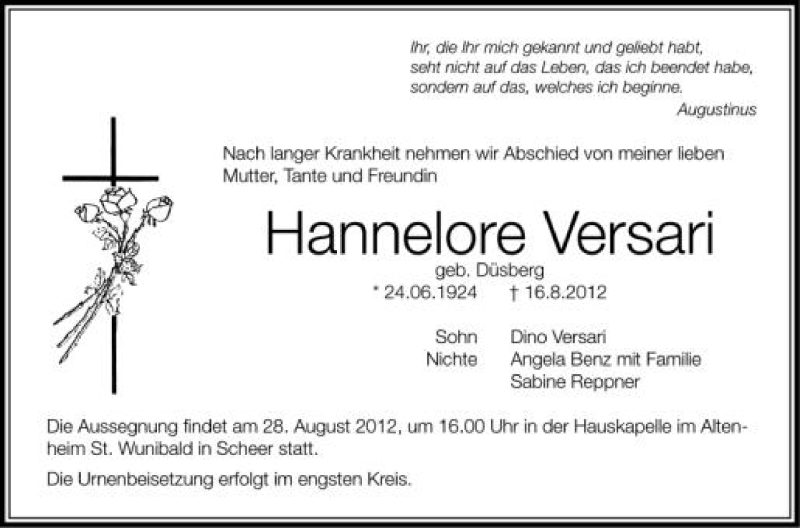  Traueranzeige für Hannelore Versari vom 25.08.2012 aus Schwäbische Zeitung