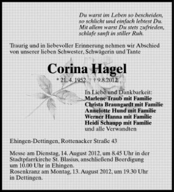 Anzeige von Corina Hagel von Schwäbische Zeitung